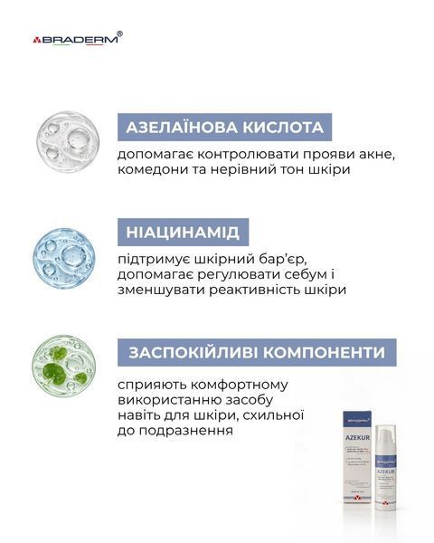 Крем для комплексного контролю акне та підтримки ремісії Azekur Cream Braderm 30 мл